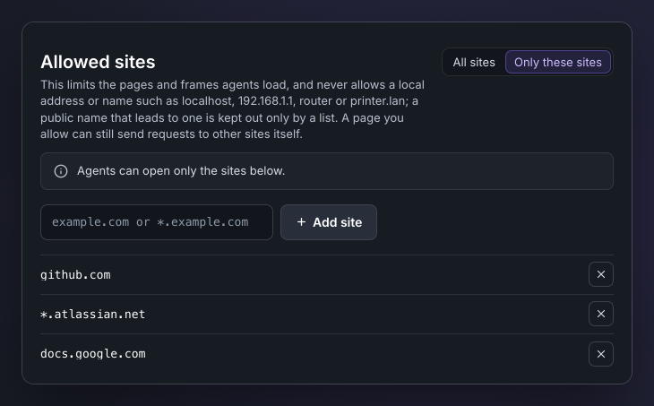 The Allowed sites panel in Settings, set to Only these sites, listing github.com, *.atlassian.net and docs.google.com, with a field to add another