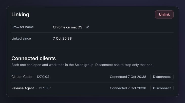 The Linking panel in Settings: the browser's name and when it was linked, an Unlink button, and two connected clients, each with Disconnect