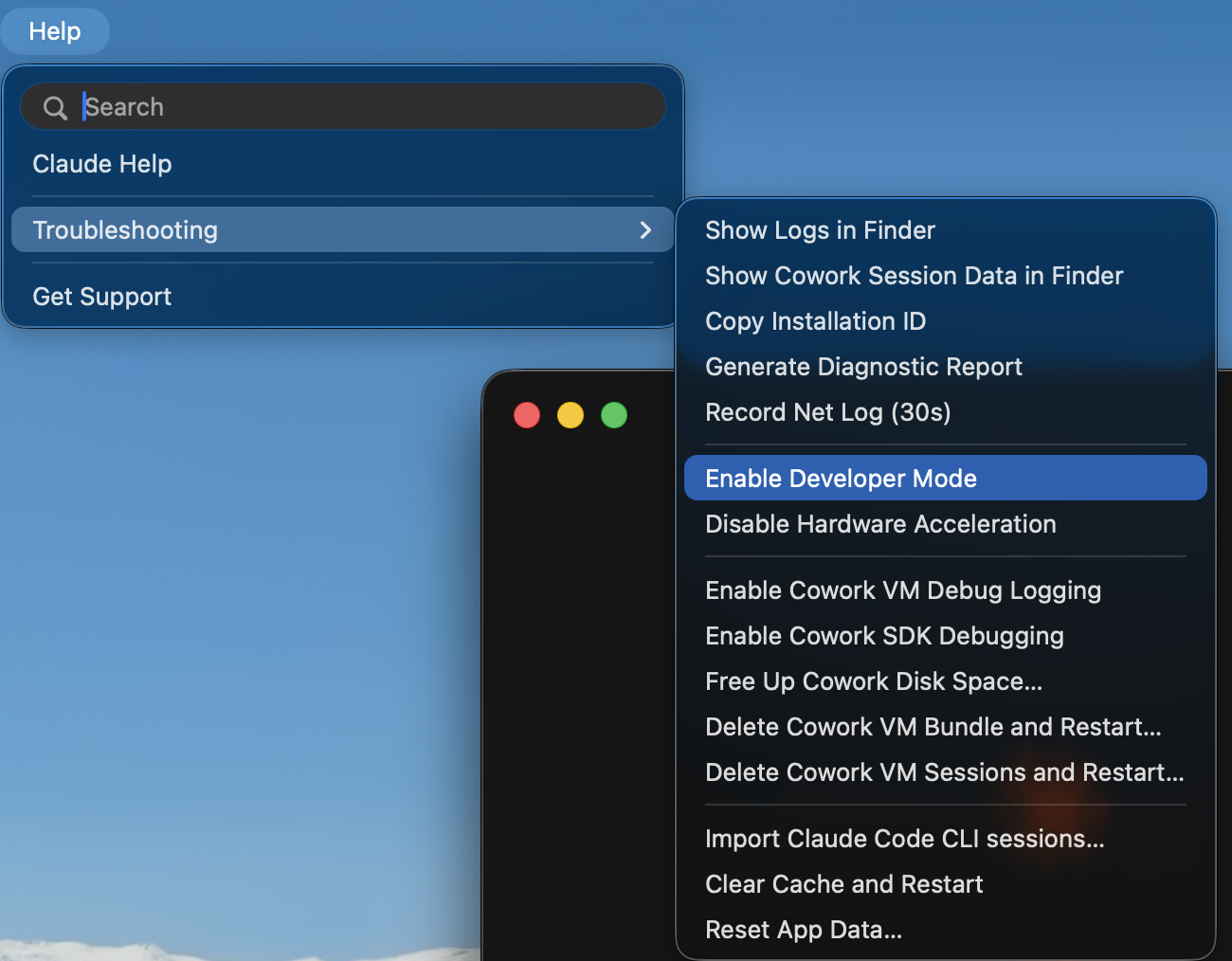 The Help menu open, with Troubleshooting expanded and Enable Developer Mode highlighted