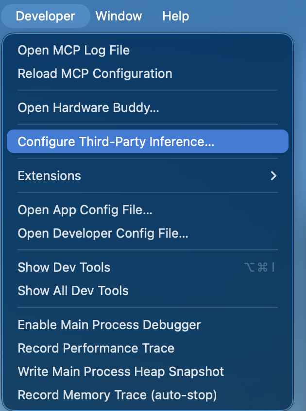 The Developer menu, with Configure Third-Party Inference highlighted