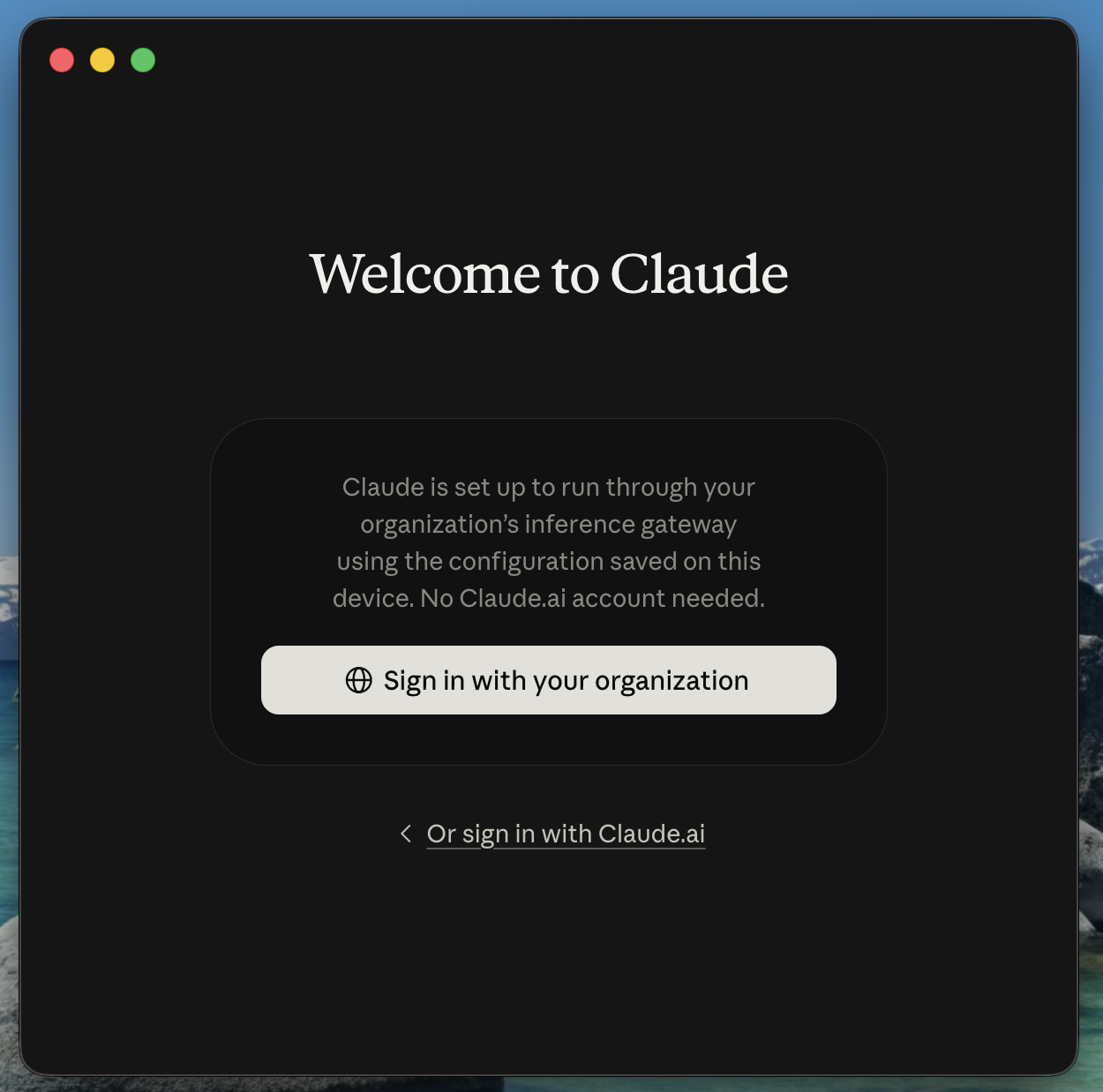 Claude Desktop's welcome screen offering Sign in with your organization