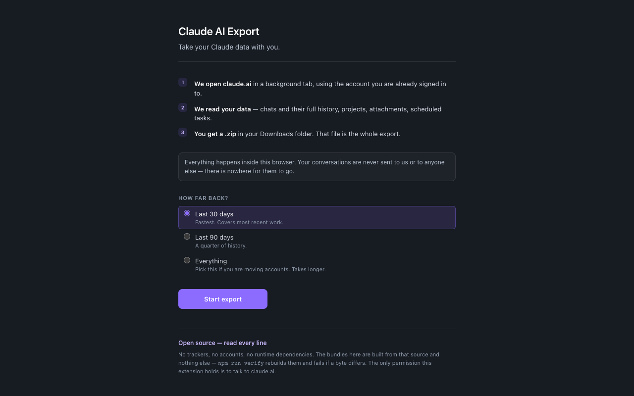 The export page: three steps explaining what happens, a note that nothing is uploaded, and a choice of date range