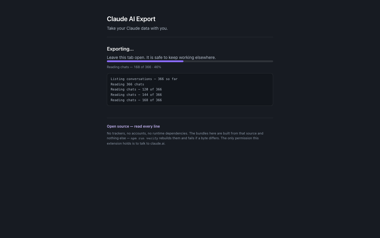 The export running, showing a progress bar and a log of each chat being read