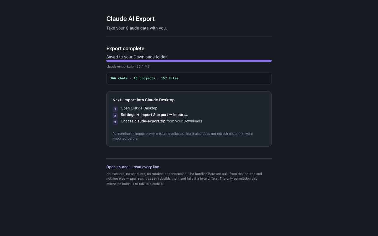 The completed export, showing counts of chats, projects and files, and the next step