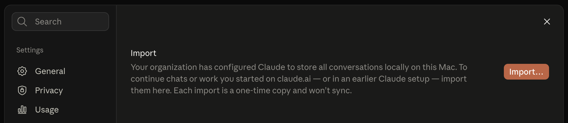 The Import panel in Claude Desktop settings, with an Import button