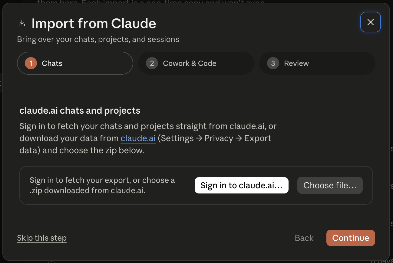 The import wizard, step 1 of 3, offering Sign in to claude.ai or Choose file