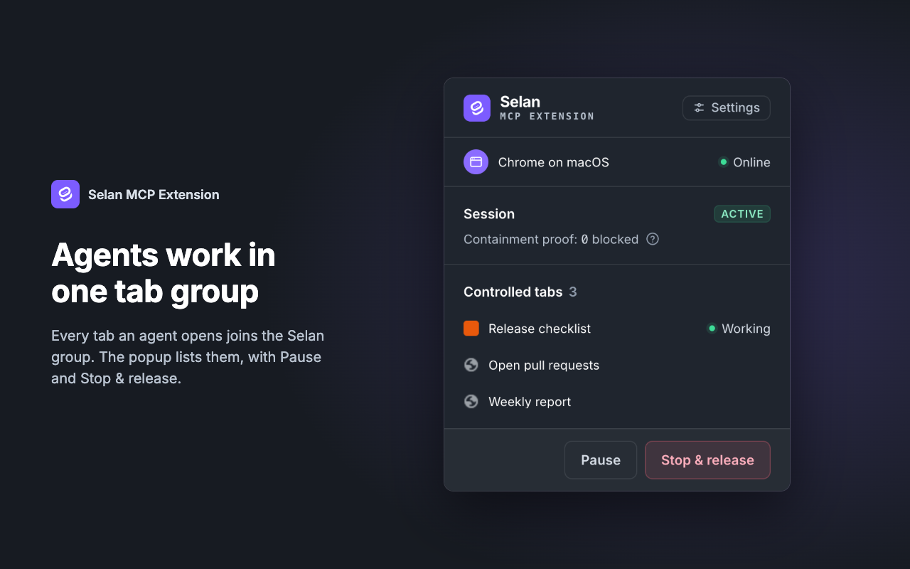 The extension's popup: Chrome on macOS online, an active session with nothing blocked, three controlled tabs, and the Pause and Stop & release buttons