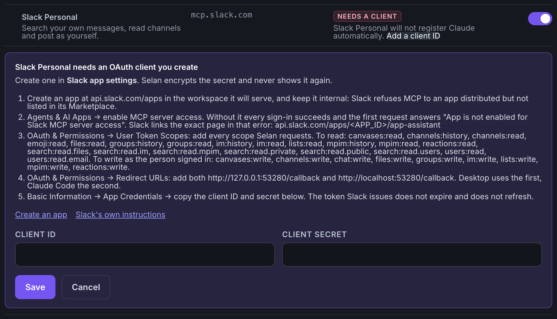 Slack Personal switched on and marked Needs a client, with five steps for setting up the Slack app and fields for its Client ID and Client Secret