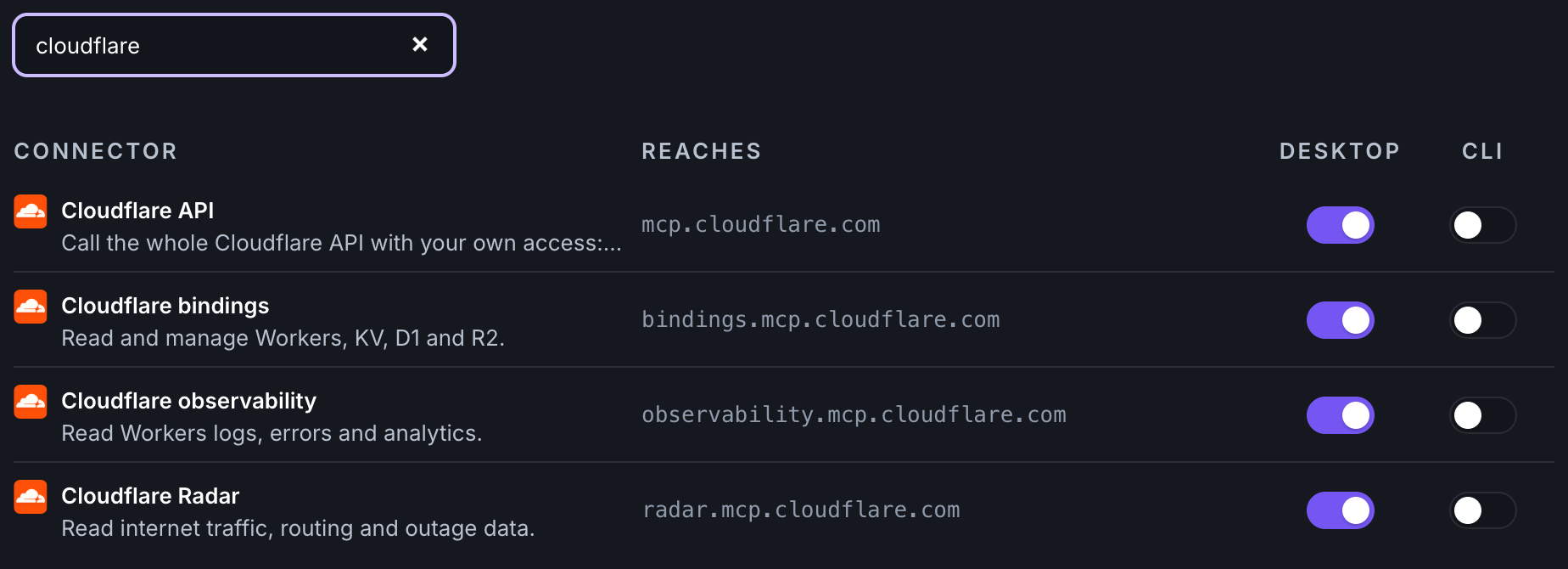 The Connections page searched for cloudflare, showing Cloudflare API, Cloudflare bindings, Cloudflare observability and Cloudflare Radar with the host each reaches