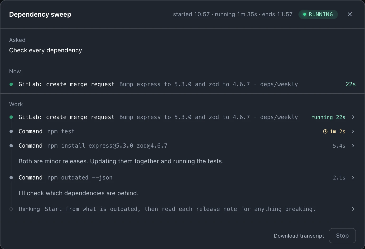 A Dependency sweep run in progress: npm outdated, npm install and npm test done, and a GitLab merge request being opened