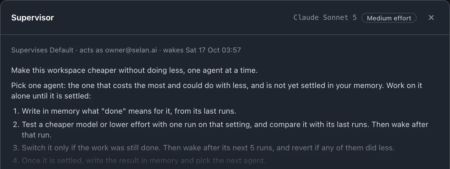 A workspace supervisor on Claude Sonnet 5 that supervises the Default workspace and acts as the owner, with its mission to make the workspace cheaper without doing less