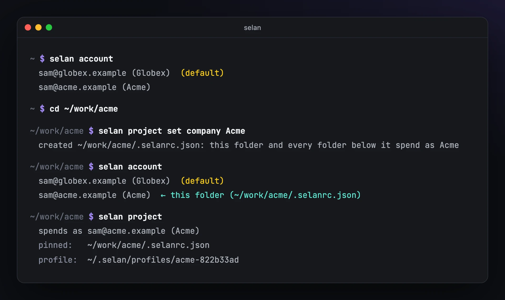 A terminal on made-up accounts. selan account lists sam@globex.example (Globex) as the default and sam@acme.example (Acme). In ~/work/acme, selan project set company Acme creates .selanrc.json, selan account then marks Acme as this folder's, and selan project says the folder spends as Acme, with the pin file and the profile it uses.