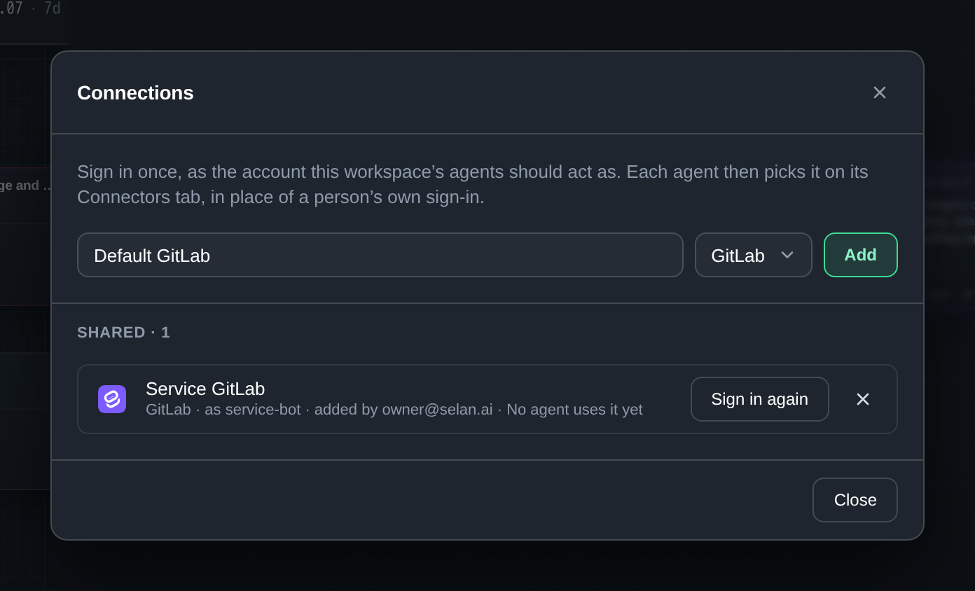 The Connections dialog of a workspace: a name field, a connector picker set to GitLab and an Add button above one shared connection, Service GitLab, signed in as service-bot, with Sign in again and a remove button