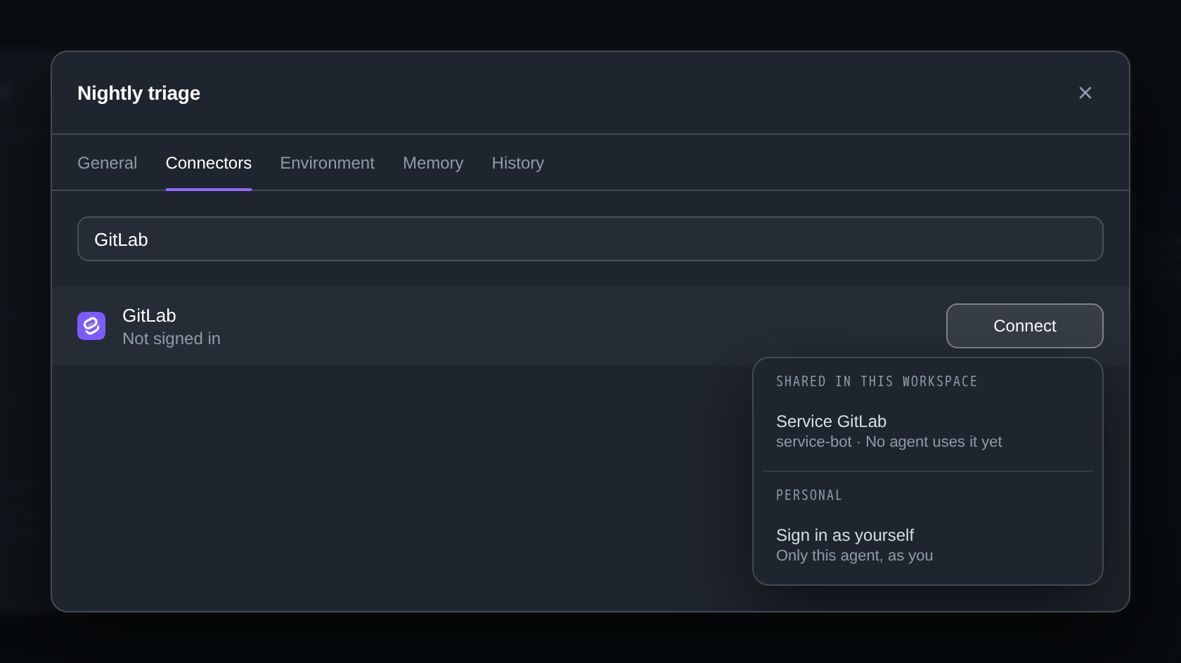 An agent's Connectors tab with the Connect menu of GitLab open: Service GitLab under Shared in this workspace, then Sign in as yourself, only this agent, as you, under Personal