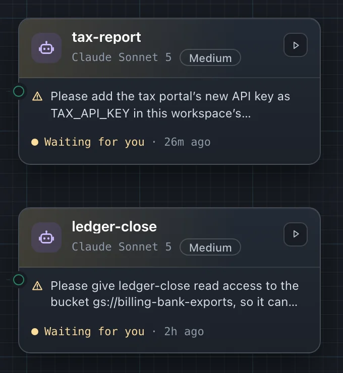 Two agent cards on the canvas. tax-report shows its question about TAX_API_KEY and ledger-close its question about the bucket, each cut short, and both read Waiting for you, 26 minutes and 2 hours ago