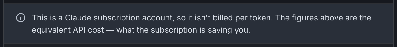 The product’s own note: this is a Claude subscription account, so it isn’t billed per token — the figures above are the equivalent API cost, what the subscription is saving you