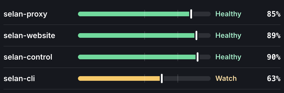 The four repositories against that scale: three Healthy at 85, 89 and 90 percent, and selan-cli flagged Watch at 63 percent