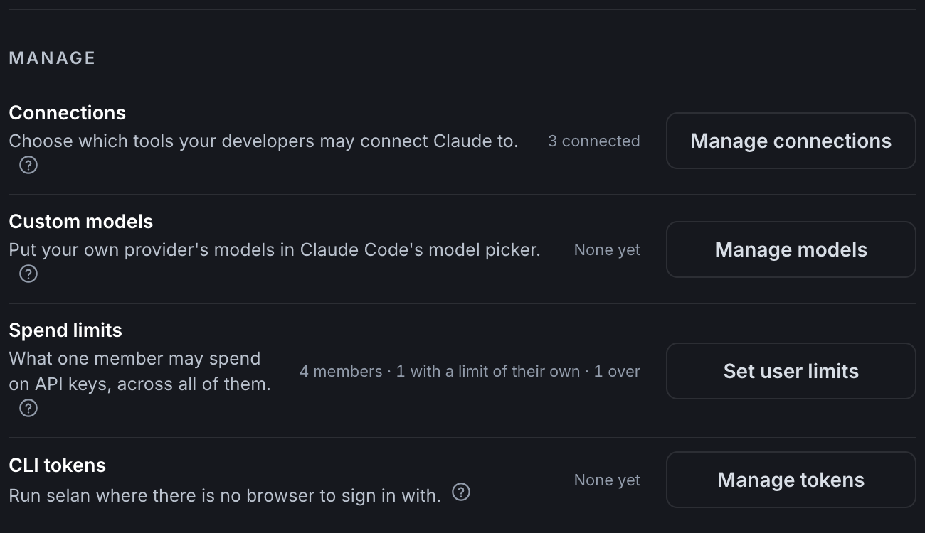 The Manage group: Connections 3 connected, Custom models none yet, Spend limits reading 4 members · 1 with a limit of their own · 1 over, and CLI tokens, each behind its own button