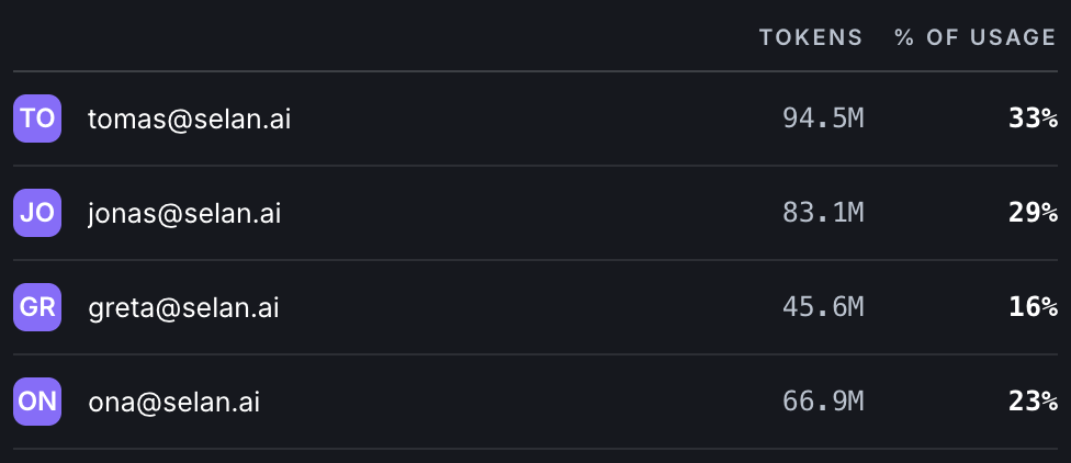 Four members with tokens and share of usage each: tomas 94.5M at 33%, jonas 83.1M at 29%, greta 45.6M at 16%, ona 66.9M at 23%